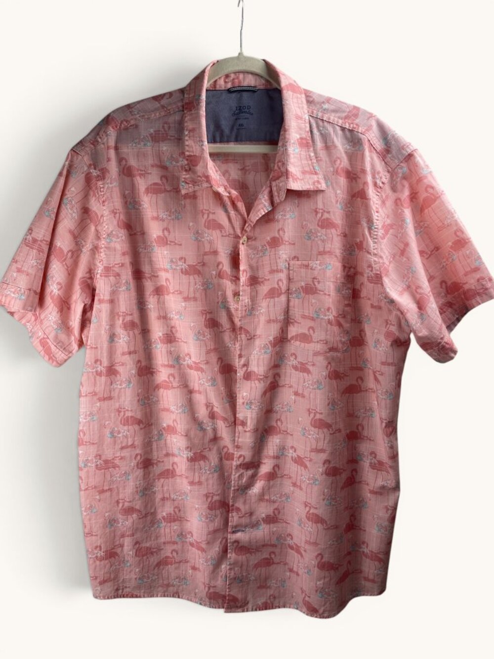 IZOD Saltwater XL Pink Flamingo Print Cotton Short Sleeve Button Up Shirt